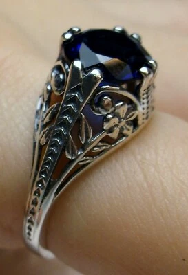 Sapphire Ring, Simulated Gem, Art Deco Silver Filigree (Custom-Made) D159 - Image 1 of 4