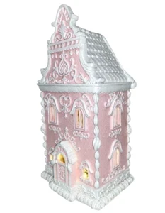 Christmas Pink White Victorian 14" Lighted Hand Painted Gingerbread House NEW - Picture 1 of 7