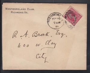 USA 1881 ADVERTISING ENVELOPE WESTMORELAND CLUB RICHMOND VA - Picture 1 of 1