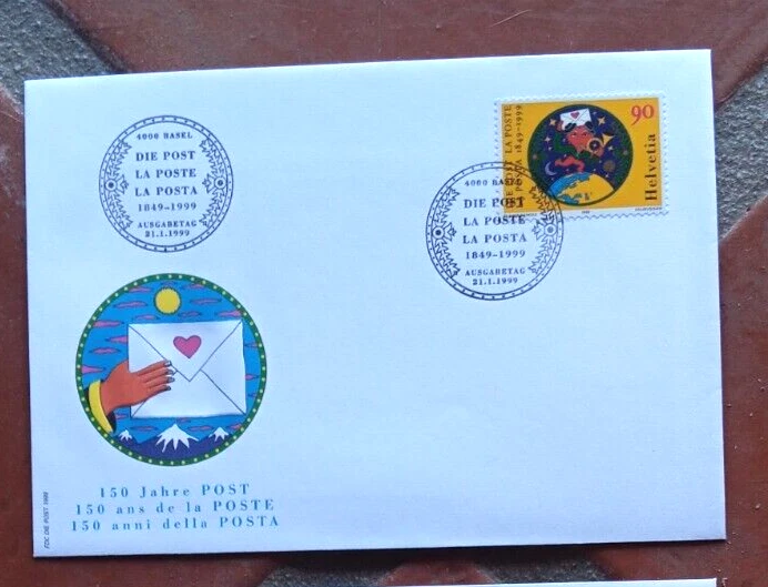 SWITZERLAND LOVE HEART 150TH ANNIV SWISS POST PTT 1999  FDC  UNADD - Image 1 of 1