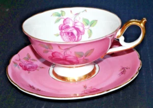 Royal Bayreuth Germany US Zone pink roses on pink cup & saucer gold detail white - Picture 1 of 5
