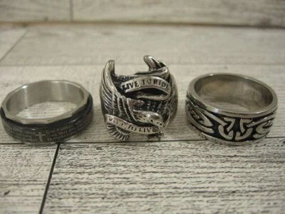 Lote de anel de motociclista masculino tom prata águia nosso pai oração tribal tamanhos 13,5 e 9 - Imagem 1 de 4