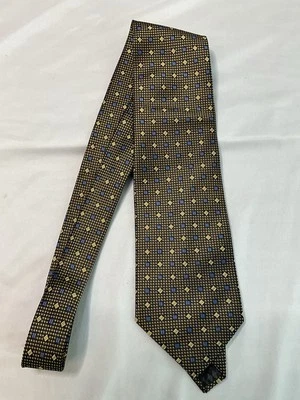 Bruno Piattelli 100% 纯丝绸男式领带金色带蓝色/灰色方形盒 H — 第 1/4 张图片