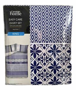 George Home King Size Duvet Cover Set Blue Geometric Tile Print Mediterranean