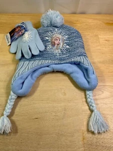 New Girl’s Disney Frozen with Elsa Beanie Hat has Braids & Gloves Set in Blues* - Picture 1 of 4
