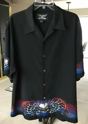 Camisa águila cromada grande motocicleta calavera huesos cruzados rosas botones de metal negro Foto 1 de 4