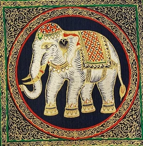 Dark Blue Thai Silk Painting White Elephant Art Poster Print Asian Home Decor - Picture 1 of 5