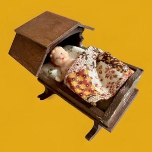 Vintage OOAK Primitive Wooden Cradle Artisan Dollhouse Miniature Ari German Baby - Picture 1 of 8