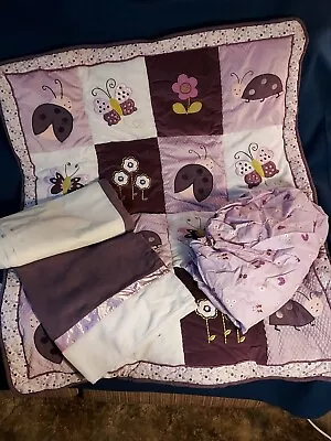 Lambs & Ivy 3 pc crib set Luv Bugs purple ladybug butterfly flower comforter - Image 1 of 4