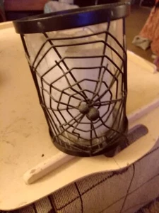 Wire Spider Candle Holder w/ Orange Ceramic Candle Holder & New Candle- 3" D x 3 - Picture 1 of 3