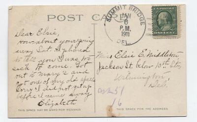 1911 Summit Bridge DE 4-bar handstamp DPO on postcard [S.3729] - Image 1 of 3