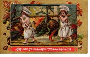 Postal de colección postal Acción de Gracias saludo niños cocinando arte de pavo grande - Imagen 1 de 2