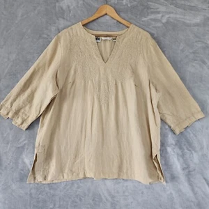 Malcolm & Co Irish Linen Top Womens 2X Embroidered Split Hem Sleeve - Picture 1 of 12