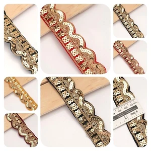 Indian Velvet Scallop Embroidered Sequence Saree Border Laces Trims Wedding Sew - Picture 1 of 33