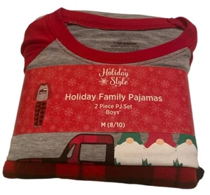 Christmas Pajamas Boys Size 8/10 2 Piece Set Gray Plaid Gnomes Holiday Truck - Picture 1 of 8