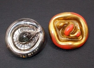 Vintage Bimini Like Glass Buttons Red Clear Gold & Silver Luster England 2pc - Picture 1 of 12