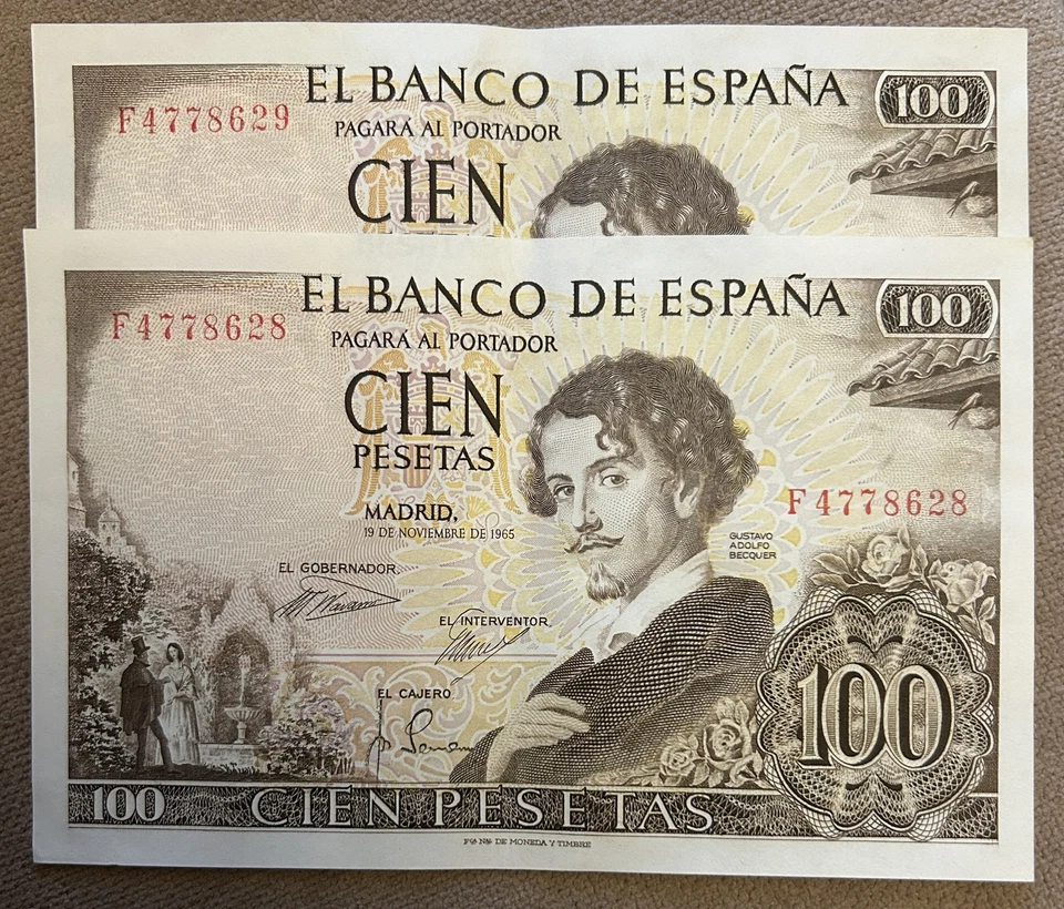 BILLETES ESPAÑA D469. 100 PESETAS 1965. BECQUER. EBC. PAR CORRELATIVO. Foto 1 de 1