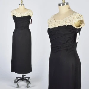 XL Vintage 1950s Black evening dress with lace collar silk VTG XL - Picture 1 of 11