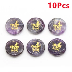 10Pcs 25x6mm Natural Amethyst Carved Skull Undrilled Round Reiki Stone HT2492 - Picture 1 of 8
