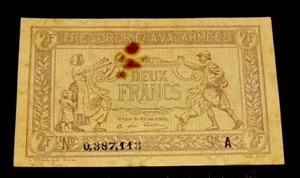 RRARE France Military Banknote No Date (1917) DEUX 2 Franc WW1 - Picture 1 of 2