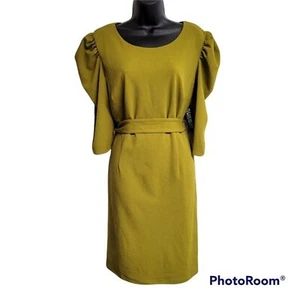 New York & Company Green Pleated Puff Sleeve Dress Midi Tie Belt Size Large NWT - Picture 1 of 7
