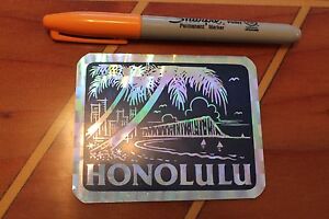 HONOLULU (BLUE) - Hawaii 80's Surfing ALOHA PARADISE Tiki 3x4in. Prism STICKER