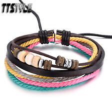 TTstyle Rainbow Black Leather Wood Bead Bracelet Wristband NEW
