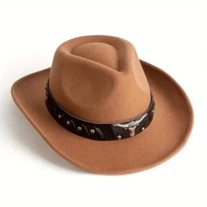 Light Brown Western Cowboy Cowgirl Hat for Men Women – Black Bull Strap Retro Fe - Picture 1 of 4