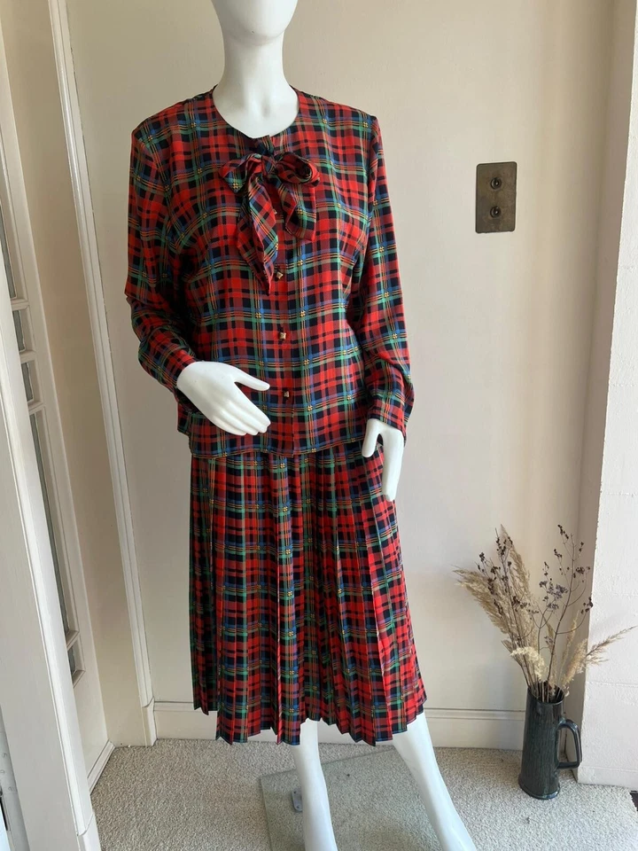 Peter Barron London Size 16 Vintage 80s Two Piece Skirt Blouse Tartan Check Red - Image 1 of 4