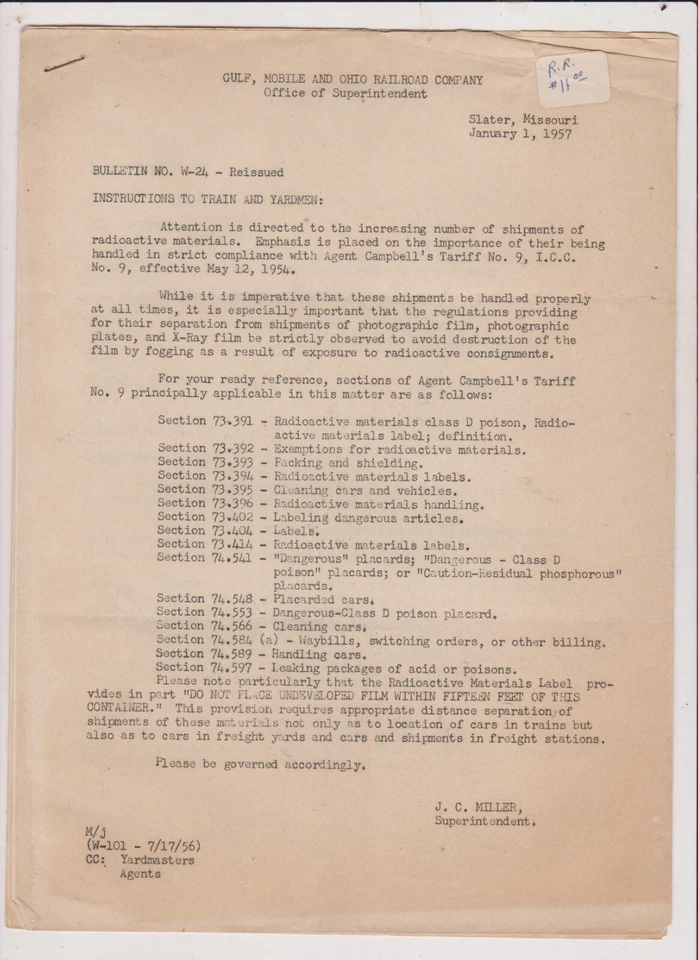 VINTAGE 1957 GULF,MOBILE & OHIO RR HANDLING OF RADIOACTIVE MATERIALS - Image 1 of 1