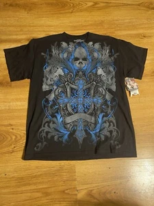 MMA Elite Shirt Herren Large schwarz blau T-Shirt Totenkopf Kreuz Punk Y2K Neu mit Etikett - Bild 1 von 5