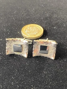 Vintage mid-century silver tone and onyx cufflinks - engine turned - Picture 1 of 3