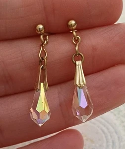 Vintage Earrings Art Deco Gold Tone & Aurora Borealis Dangly Dangle 3cm Drop - Picture 1 of 4