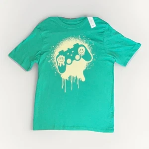 Boys XL Gamer Tee Splatter Smiley Control Short Sleeve Graphic TShirt Aqua 14/16 - Picture 1 of 4