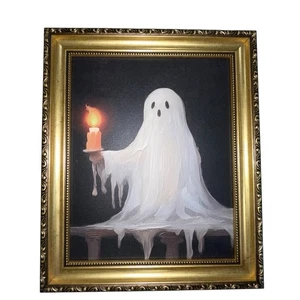 New Halloween Ghost With Candle Gold Frame Wall Art VIRAL TIKTOK 10"x 12" HTF - Picture 1 of 6