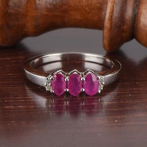 5x3mm Oval Natural Pink Ruby Three-stone diamond women Ring 925 Sterling silver - Picture 1 of 8