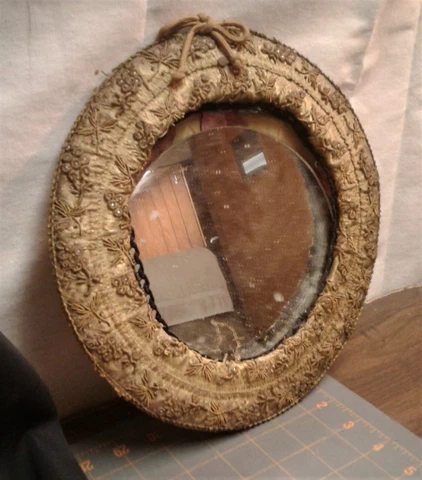 Antique Folk Art Victorian Round Gold Beaded Looking Glass Wall Mirror 1910s Cover