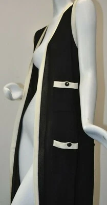 NUEVO Chanel Cárdigan Largo Chaqueta Frente Abierto Negro Beige Plumero Logo CC Botón 42 Foto 1 de 4