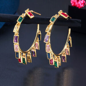 Multicolor Baguette CZ Charm Large Round Dangle Drop Earrings for Women Party