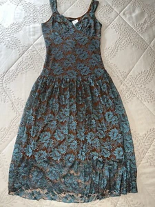 Beautiful Lace Dress Peacock Blue Lace Over Coppery Brown Lining Size 6 - Picture 1 of 8