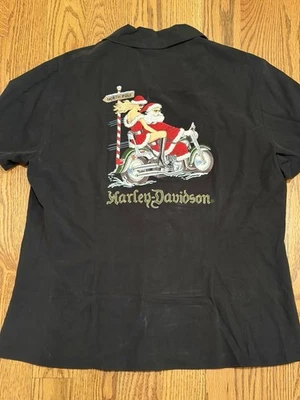 Camisa feminina Harley Davidson bordada Papai Noel motocicleta botão para baixo GG nova com etiquetas - Imagem 1 de 4