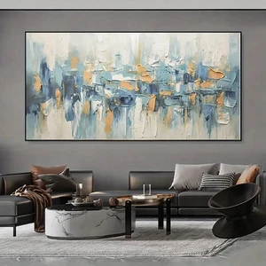 Blue & Golden Architectural Reflection Unframed Canvas Painting for Living - Picture 1 of 6