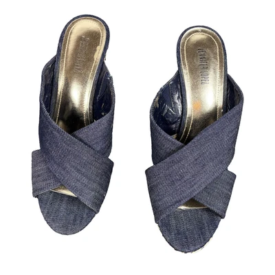 Jennifer Lopez 坡跟鞋女式 8 码牛仔交叉带帆布凉鞋 — 第 1/4 张图片