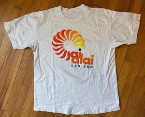 Vintage T-Shirt 80s 90s XL White Jaialai Cancun Raised Foam Graffic Pinwheel - Picture 1 of 7