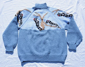 Hand Knit Woodpecker Bird Motif Sweater Long Raglan Sleeve Chunky Knit - Picture 1 of 2