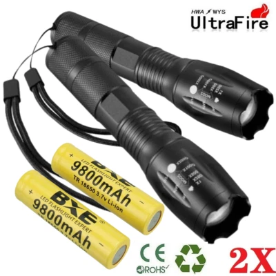 2PCS Police 90000LM T6 LED Flashlight Zoom Torch Lamp + 2PCS 9800MAH Battery - image 1 of 4