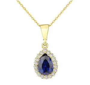 9ct Yellow Gold Simulated BLUE SAPPHIRE & CZ Teardrop Pendant Necklace 18" Chain - Picture 1 of 7