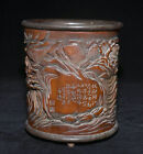6.8 " Old Chinese Wood Carved Dynasty Landscape People Scenery Brush Pot
