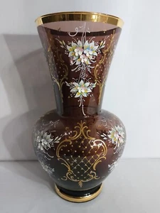 Vintage Italian Tre Fuochi Amethyst Glass Large Bud Vase Gold Gilt Flowers 12.5" - Picture 1 of 9