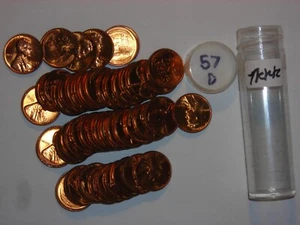 wheat penny ROLL 1957-D RED BU 1957D LINCOLN CENT ROLL GEM RED UNC LOT #4 50PCS - Picture 1 of 5